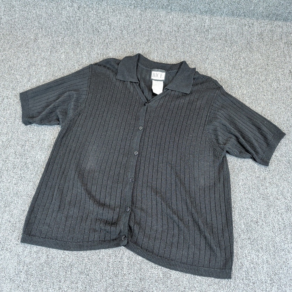 Bice Womens Knit Top Medium Black Rayon Blend Ribbed Vintage 90s Button Up Shirt
